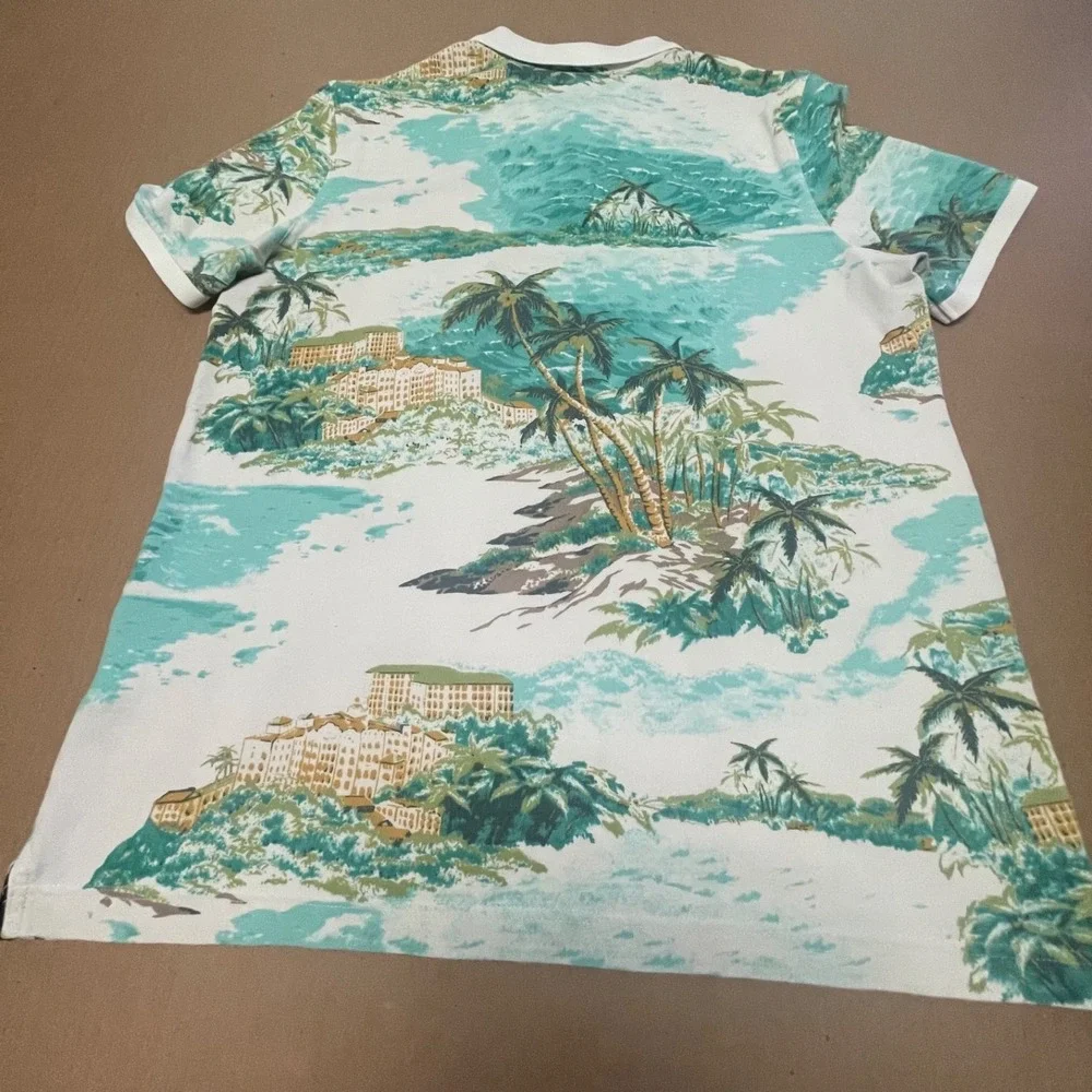 Banana Republic Hawaiian Tropical Mens Polo Shirt Size Large  Cotton White Blue
